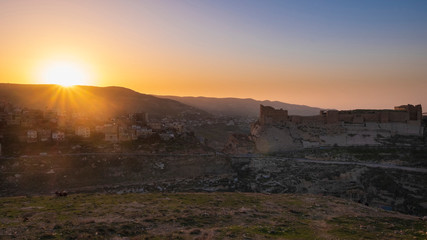 Kerak Castle,  crusader castle in Kerak (Al Karak) in Jordan evening view at Sunset
