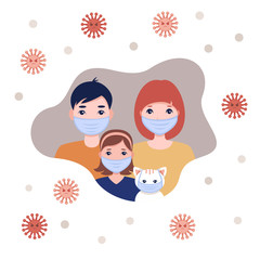 Family in protective medical masks, lets stay home. Self-isolation concept as a precaution against coronovirus covid-19 disease, Stock vector illustration for web and print. 