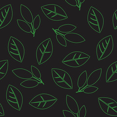 Seamless pattern with leaves on a black background for printing on wrapping paper or fabric, outline vector stock illustration with a floral pattern