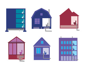 Set of buildings with toilets and pipes as a concept of sewage system in a country house or apartment building, flat vector stock illustration isolated on white background