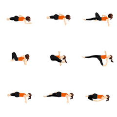 Spinal twist and shoulder stretching yoga asanas set/ Stylized woman practicing lying yoga postures