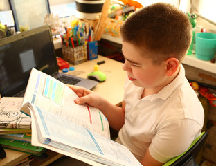 A young Caucasian boy is engaged with a book and a laptop. Distance learning during a pandemic. Insulation. Homework