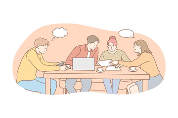 Meeting, coworking, cooperation, business concept. Team, business people businessmen women partners coworkers collaborate together. Office meeting. Teamwork, analysis, planning strategy. Brainstorming