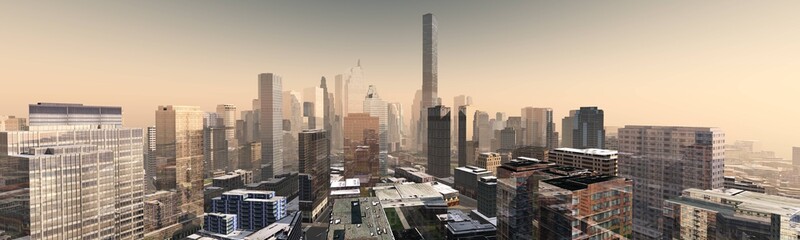 Beautiful view of the modern city, skyscrapers at sunset, 3d rendering