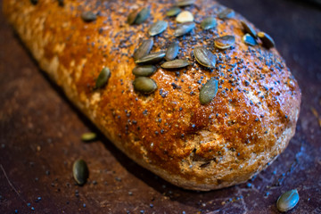 Fresh & organic baked pumpkin and poppy seed loaf of bread