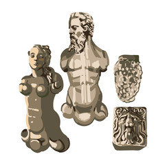 Collection of ancient statues of a muscular man with a beard, beautiful woman and growling lions heads