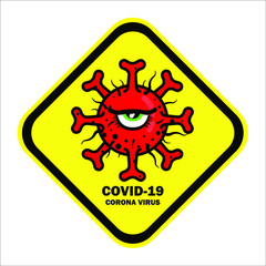 Coronavirus or covid-19 icon on yellow warning signboard