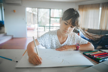 young caucasian girl drawing at home, on-line art calss, home schooling, stay home education