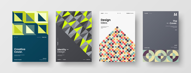 Obraz premium Company identity brochure template collection. Business presentation vector A4 vertical orientation front page mock up set. Corporate report cover abstract geometric illustration design layout bundle.