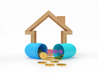 House and medical capsule with Covid-19 coronavirus icon and gold coins isolated on a white background. 3D illustration