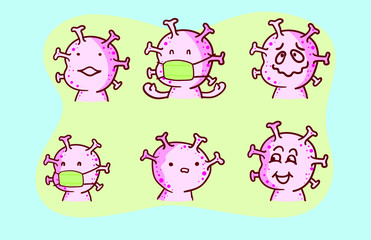 Pink Coronavirus, Flat cartoon character set