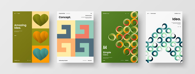 Naklejka premium Company identity brochure template collection. Business presentation vector A4 vertical orientation front page mock up set. Corporate report cover abstract geometric illustration design layout bundle.