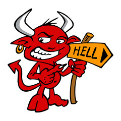 Devil rascal with big smile and directional arrow shows the way to hell, color cartoon