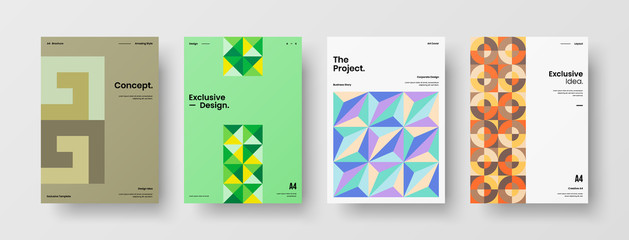Fototapeta premium Company identity brochure template collection. Business presentation vector A4 vertical orientation front page mock up set. Corporate report cover abstract geometric illustration design layout bundle.