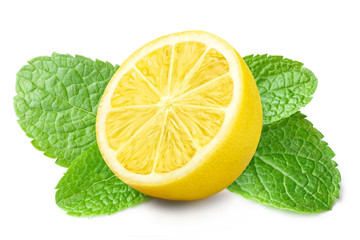 Lemon half and mint leaves, isolated on white background