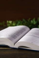 Obraz premium 木のテーブルの上に置かれたハードカバーの本