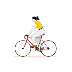 Obraz premium girl cycling on a red bicycle simple minimalist vector flat illustration