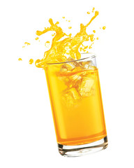 Splashing orange juice with ice cube