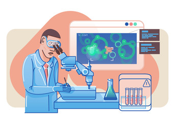 Obraz premium Banner with a doctor in a medical laboratory. Microscope, laptop, test tubes and different objects in the science laboratory concept.