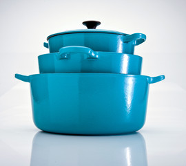 bue cast iron pan on white background