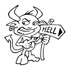 Devil rascal with big smile and directional arrow shows the way to hell, black and white cartoon