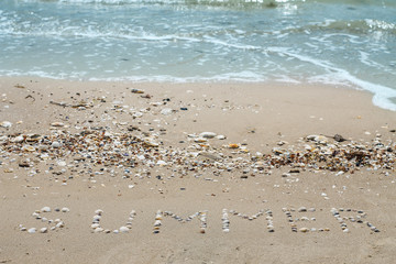 Ocean coast, beach. The inscription 