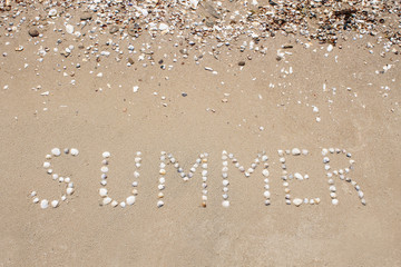 Ocean coast, beach. The inscription 