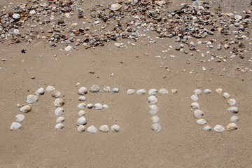 Ocean coast, beach. The inscription 