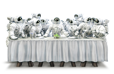 Last supper in space / 3D illustration of funny surreal science fiction scene with astronauts gathered around dining table © grandeduc