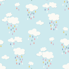 Rainbow clouds with raindrops vector repeat seamless pattern. Great for paper products and stationery such as invitations, notebooks and party items. Would be great for gift and home ware products