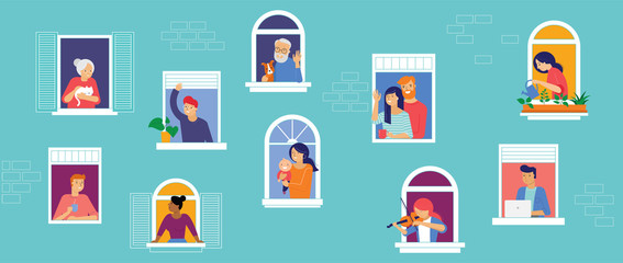 Stay at home, concept design. Different types of people, family, neighbors in their own houses. Self isolation, quarantine during the coronavirus outbreak. Vector flat style illustration stock - obrazy, fototapety, plakaty