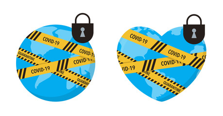 COVID-19 virus lockdown barrier tape over a world. Coronavirus pandemic, vector concept illustration stock illustration