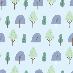 Blue green trees seamless repeat vector pattern. Great for paper products and stationery such as invitations, notebooks and party items. Would be great for gift and home ware products such as bedding
