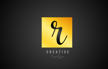 R gold golden square alphabet letter logo icon design for company and business