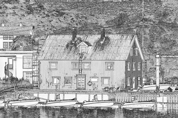 Extracted line draft from photo: a wooden house and motorboats in a small fishing village on a tiny island called Skrova in north of Norway. 