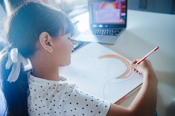 young caucasian girl drawing at home, on-line art calss, home schooling, stay home education