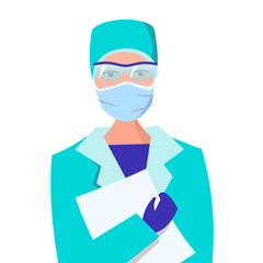 Female doctor in a mask and glasses. Vector character, design concept of a doctor in protective overalls. Protection from viruses and bacteria. A woman in a medical cap, lab coat and gloves