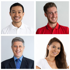 Positive mix raced men and woman portrait set. Happy people of different ages and races in casual and business clothing multiple shot collage. Human emotions concept