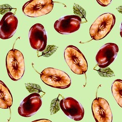 Seamless pattern with plums. Watercolor