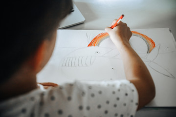 young caucasian girl drawing at home, on-line art calss, home schooling, stay home education