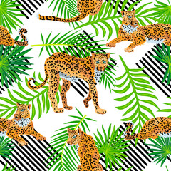 Fototapeta premium Seamless pattern with leopards, tropical palm leaves and hand drawn style stripes. Vector illustration.