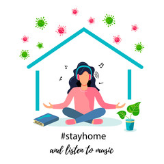 Quarantine, stay at home concept. Female is sitting and listen to music at home. Vector illustration. Flat style design.