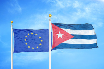 European Union and Cuba two flags on flagpoles and blue cloudy sky