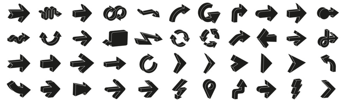 3D arrows pictograms vector set. Arrows symbol collection. Isometric outline icons