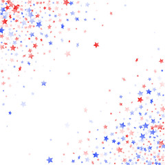Flying red blue white star sparkles on white vector american patriotic background.