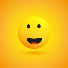 Simple Happy Emoticon with Open Eyes on Yellow Background - Vector Design