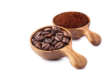 Fototapeta premium Coffee beans and ground coffee isolated on white background.