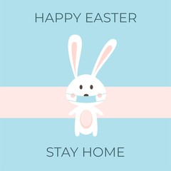 happy easter. stay home. coronavirus bunny with medical mask. covid-19 bunny. CORONAVIRUS EASTER RABBIT. Easter bunny isolated on blue background.
