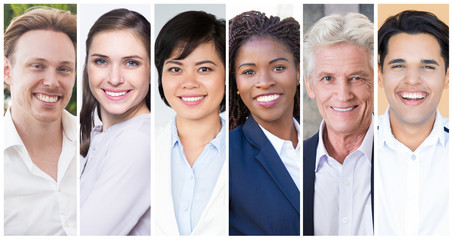 Positive diverse business professionals portrait set. Smiling happy men and women of different races and ages multiple shot collage. Human emotions concept