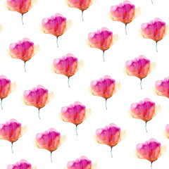 Fototapeta na wymiar Watercolor hand drawn sketch illustration seamless pattern background with pink yellow abstract soft flower isolated on white